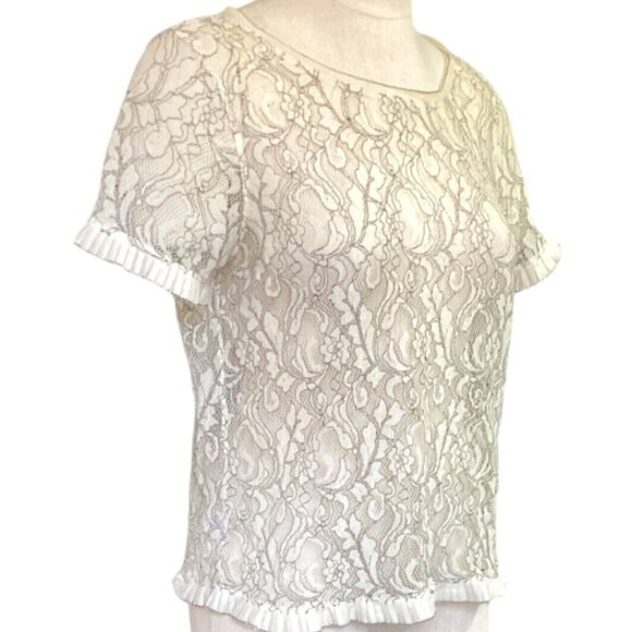 Ann Taylor LOFT Floral Lace Pleat-Ribbon Ruffle Accent Top M 151L - Picture 1 of 7